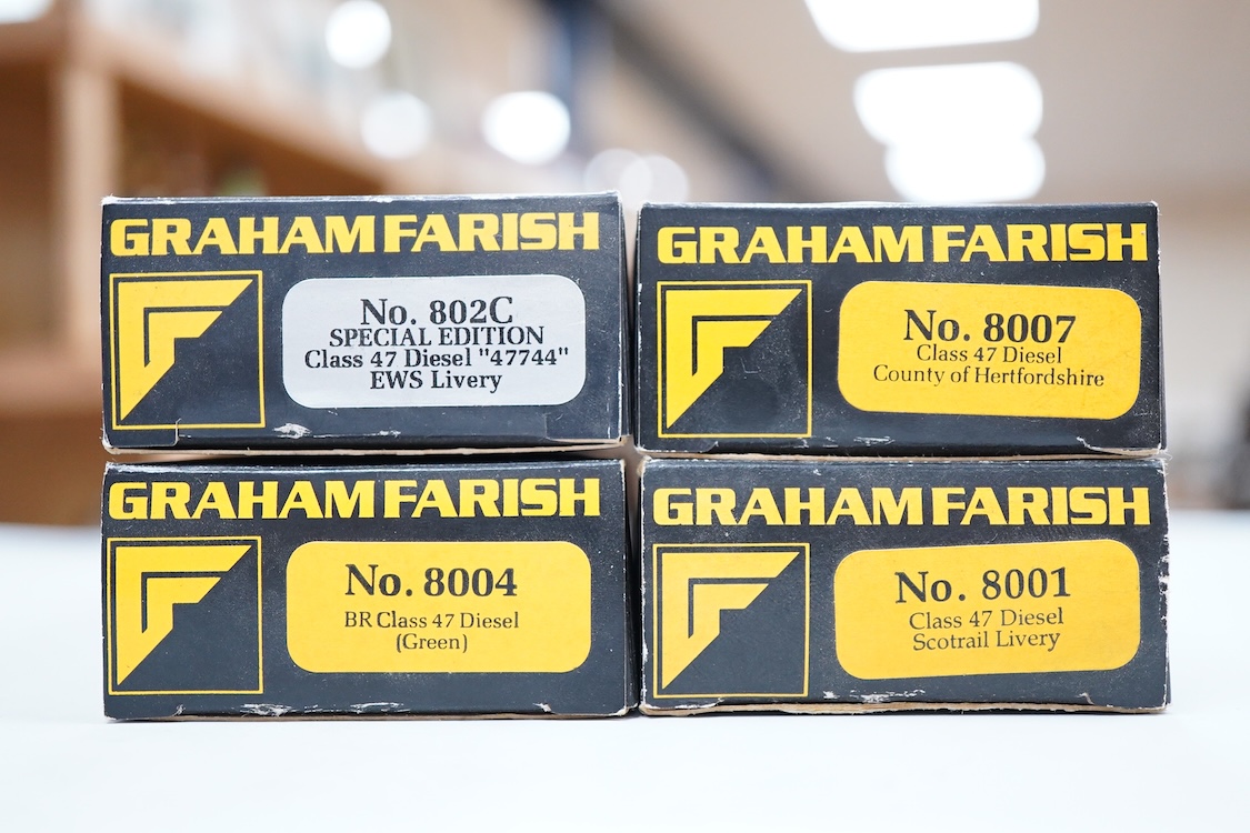 Four boxed Graham Farish N gauge railway Class 47 diesel locomotives; a BR, County of Hertfordshire 47 583 (8007), a BR, Isambard Kingdom Brunel D1662 (8004), an EWS, 47744, (802C) and a ScotRail, Waverley 47708 (8001).